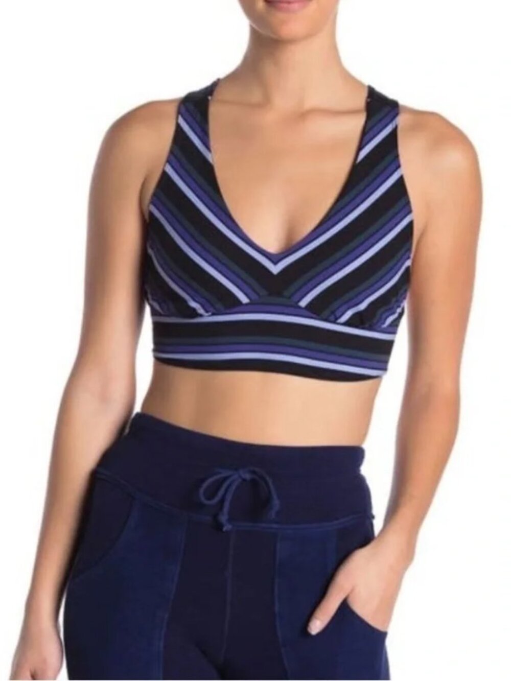 New Free People FP Movement Medium Blue Tonal Stripe Gidget Sports Bra NWT